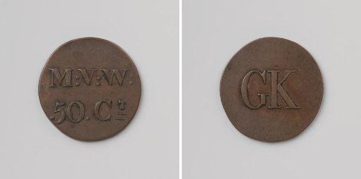 House token struck by order of the Society of Benevolence, valued at 50 cents, for the benefit of the Ordinary Colonies