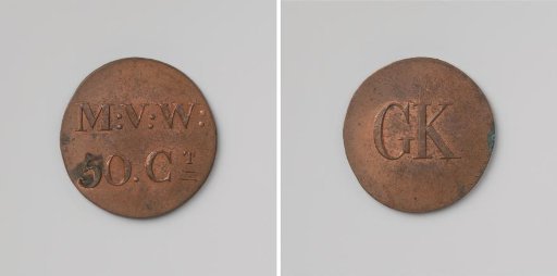 House token struck by order of the Society of Benevolence, valued at 50 cents, for the benefit of the Ordinary Colonies