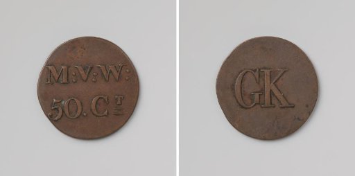 House token struck by order of the Society of Benevolence, valued at 50 cents, for the benefit of the Ordinary Colonies