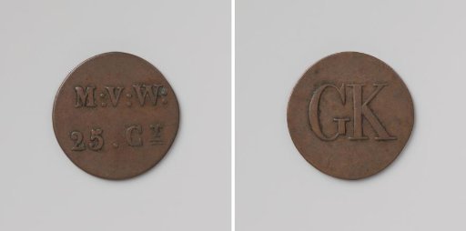 House token struck by order of the Society of Benevolence, valued at 25 cents, for the benefit of the Ordinary Colonies