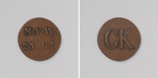 House token struck by order of the Society of Benevolence, valued at 25 cents, for the benefit of the Ordinary Colonies