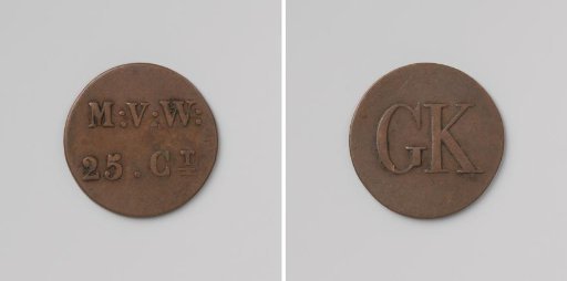House token struck by order of the Maatschappij van Weldadigheid, worth 25 cents, for the benefit of the Ordinary Colonies