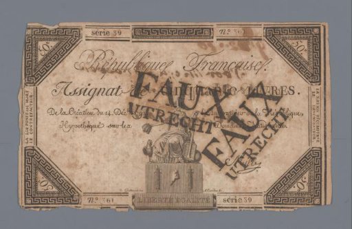 Assignat of Fifty Livres Invalidated at Utrecht, Series 39, No. 361 Issued 14 December 1792