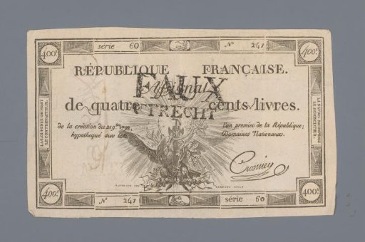 Assignat of Four Hundred Livres Invalidated at Utrecht, Series 60, No. 247 Issued 21 November 1792