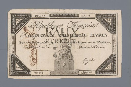 Assignat of Fifty Livres Invalidated at Utrecht, Series 61, No. 368 Issued 14 December 1792