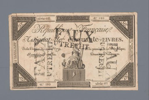 Assignat of Fifty Livres Invalidated at Utrecht, Series 613, No. 580 Issued 14 December 1792