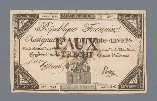 Assignat of Fifty Livres Invalidated at Utrecht, Series 616, No. 291 Issued 14 December 1792