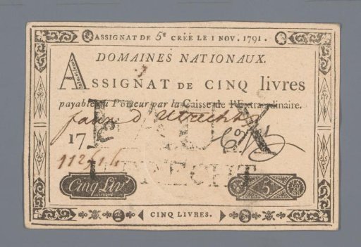 Invalidated assignat of five livres, series 17 E, no. 112514 issued 1 November 1791 at Utrecht