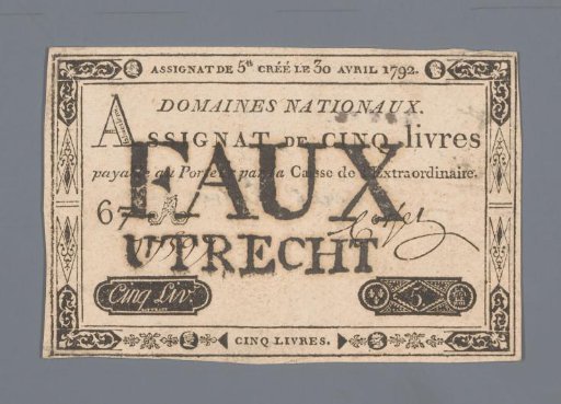 Invalidated assignat of five livres, series 67 A, no. 17597 issued 30 April 1792 at Utrecht