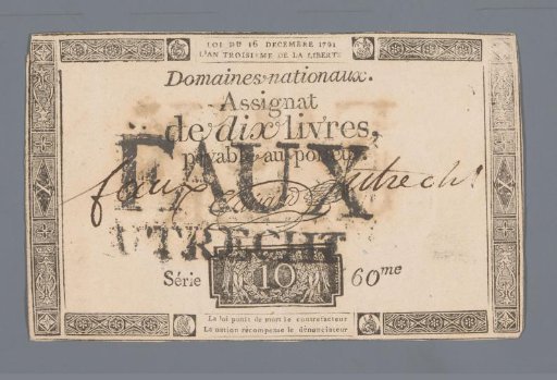 Invalidated assignat of ten livres, series 60, issued 16 December 1791 at Utrecht
