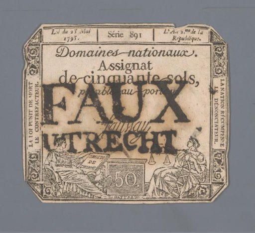 Invalidated assignat of fifty sols, series 891, issued 23 May 1793 at Utrecht