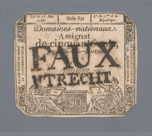 Invalidated assignat of fifty sols, series 891, issued 23 May 1793 at Utrecht