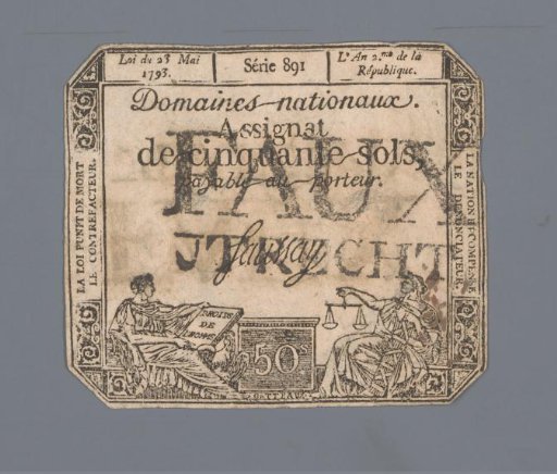 Invalidated assignat of fifty sols, series 891, issued 23 May 1793 at Utrecht