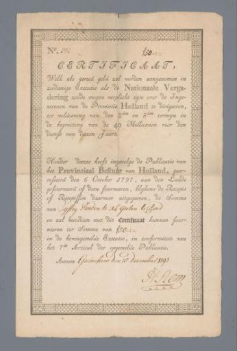 Certificate worth fifty pounds, no. 312 issued on 15 December 1797 at Gorinchem on behalf of the Provincial Administration of Holland