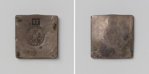 Two units, emergency coin from Jülich, struck during the siege by Maurice, Prince of Orange-Nassau, made by cutting pieces from tableware and stamped with the monogram of commander Johann von Rausschenberg