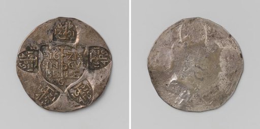 Siege of Jülich by Albert, Archduke of Austria, emergency coin with the weight of a quarter rijksdaalder, made by overstamping a dicken of Johann Reinhard I, Count of Hanau-Lichtenberg