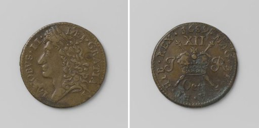 Shilling, noodmunt van Jacobus II, koning van Engeland, uit oktober 1689