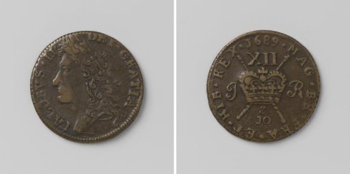 Shilling, noodmunt van Jacobus II, koning van Engeland, uit december 1689