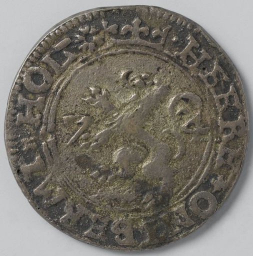 Half stuiver (copy), siege coin from Leiden, against which the paper emergency coins from the first phase of the siege could be exchanged