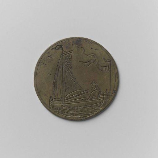Rowing, pier, and boatmen's guild of Amsterdam, guild medal by Adrianus Roelofs, mooring at Harlinger steiger