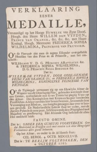 Explanation of the medal struck by Johan George Holtzhey on the marriage of Willem V, Prince of Orange-Nassau and Wilhelmina Frederica Sophia of Prussia in Berlin