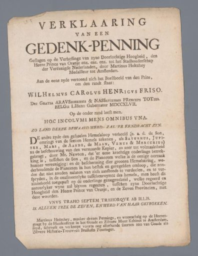 Explanation of the medal struck by Martinus Holtzhey on the inauguration of Willem IV, Prince of Orange-Nassau, as hereditary stadtholder of the Netherlands
