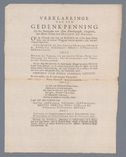 Explanation of the medal struck by Nikolaas van Swinderen on the death of Willem IV, Prince of Orange-Nassau