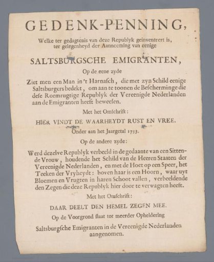 Explanation of the medal struck by Martinus Holtzhey on the admission of the Salzburg emigrants in the Netherlands