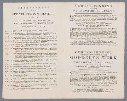 Explanation of two medals with accompanying prints on the admission of the Salzburg emigrants in the Netherlands and Prussia