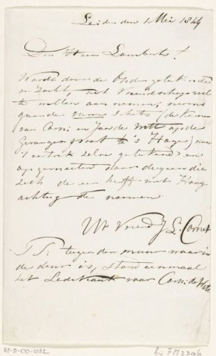 Letter from J.L. Cornet to Mr. Lamberts regarding the drawing of the room of Cornelis de Witt in the Gevangenpoort, 1844