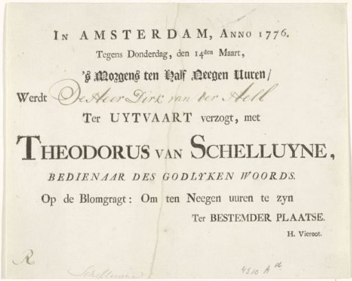 Invitation to the funeral of Theodorus van Schelluynen, 1776