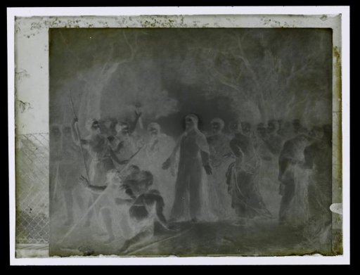 Photographic reproduction of a painting of Christ in a forest