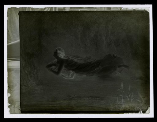 Photographic reproduction of a painting of a reclining woman with a lyre