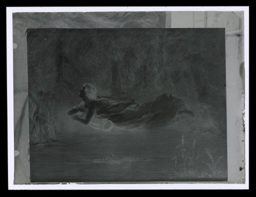 Photographic reproduction of a painting of a reclining woman with a lyre