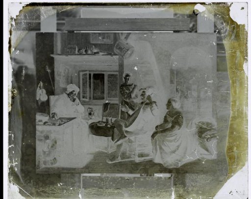 Photographic reproduction of a painting of a domestic scene with a guitar player