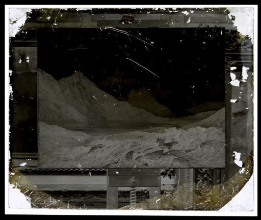 Photographic reproduction of a painting of a mountain landscape