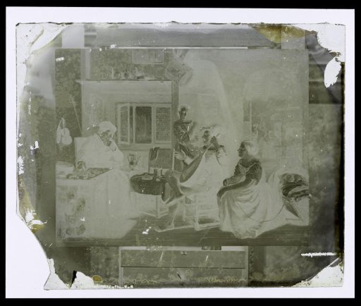Photographic reproduction of a painting of a domestic scene with a guitar player
