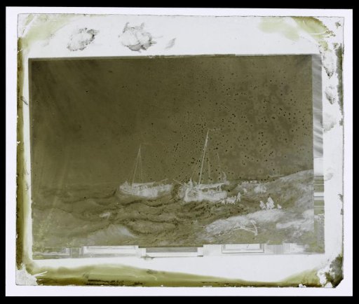 Photographic reproduction of a painting of sailing ships during a storm