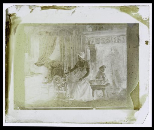 Photographic reproduction of a painting of a woman at a spinning wheel