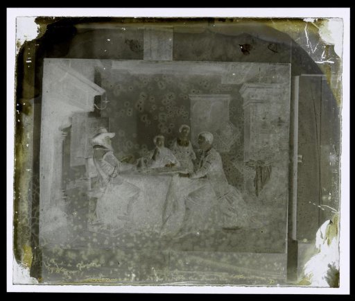 Photographic reproduction of a painting of a group of people at a meal