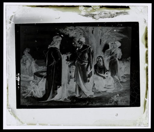 Photographic reproduction of a painting of a group of people at a well