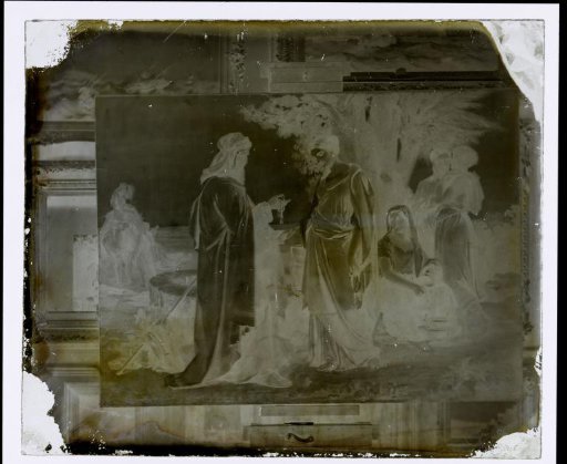 Photographic reproduction of a painting of a group of people at a well