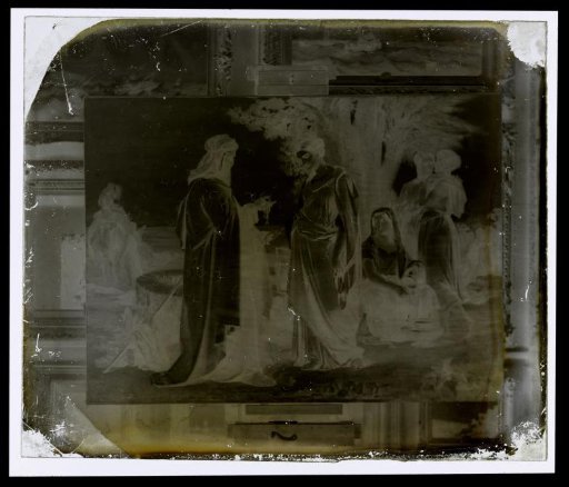 Photographic reproduction of a painting of a group of people at a well