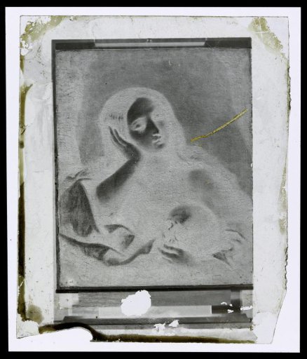 Photographic reproduction of a painting of a woman with a human skull