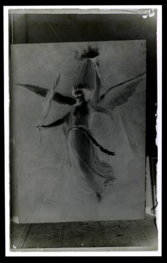 Photographic reproduction of a painting of an angel with a burning torch and laurel branch