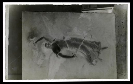 Photographic reproduction of a painting of an angel with a burning torch and sword