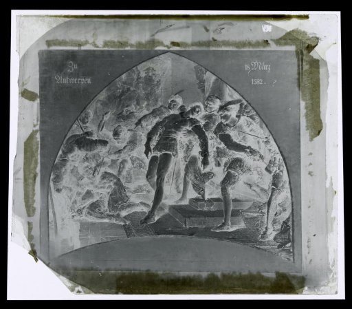 Photographic reproduction of a painting of the assassination of William of Orange in Antwerp