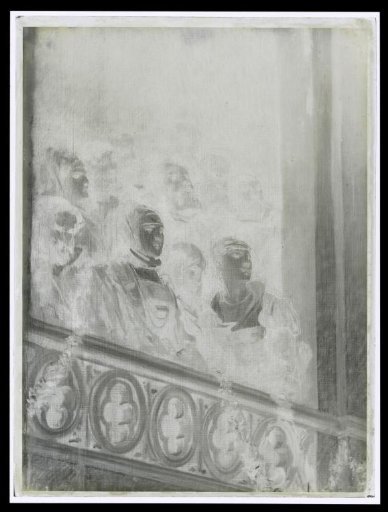 Photographic reproduction of a painting of a group of people at a balustrade