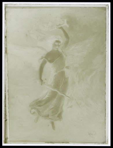 Photographic reproduction of a painting of an angel with a sword