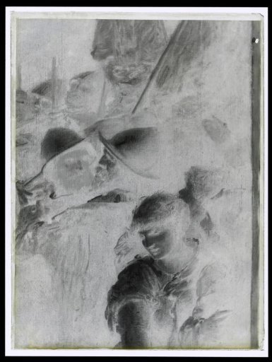 Photographic reproduction of a detail of a painting of a woman sitting with soldiers